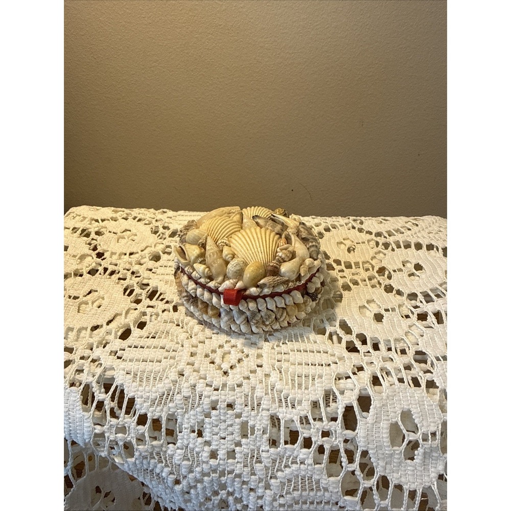 Vintage Seashell Round Trinket‎ Jewelry Treasure Box Lid Beach Coastal